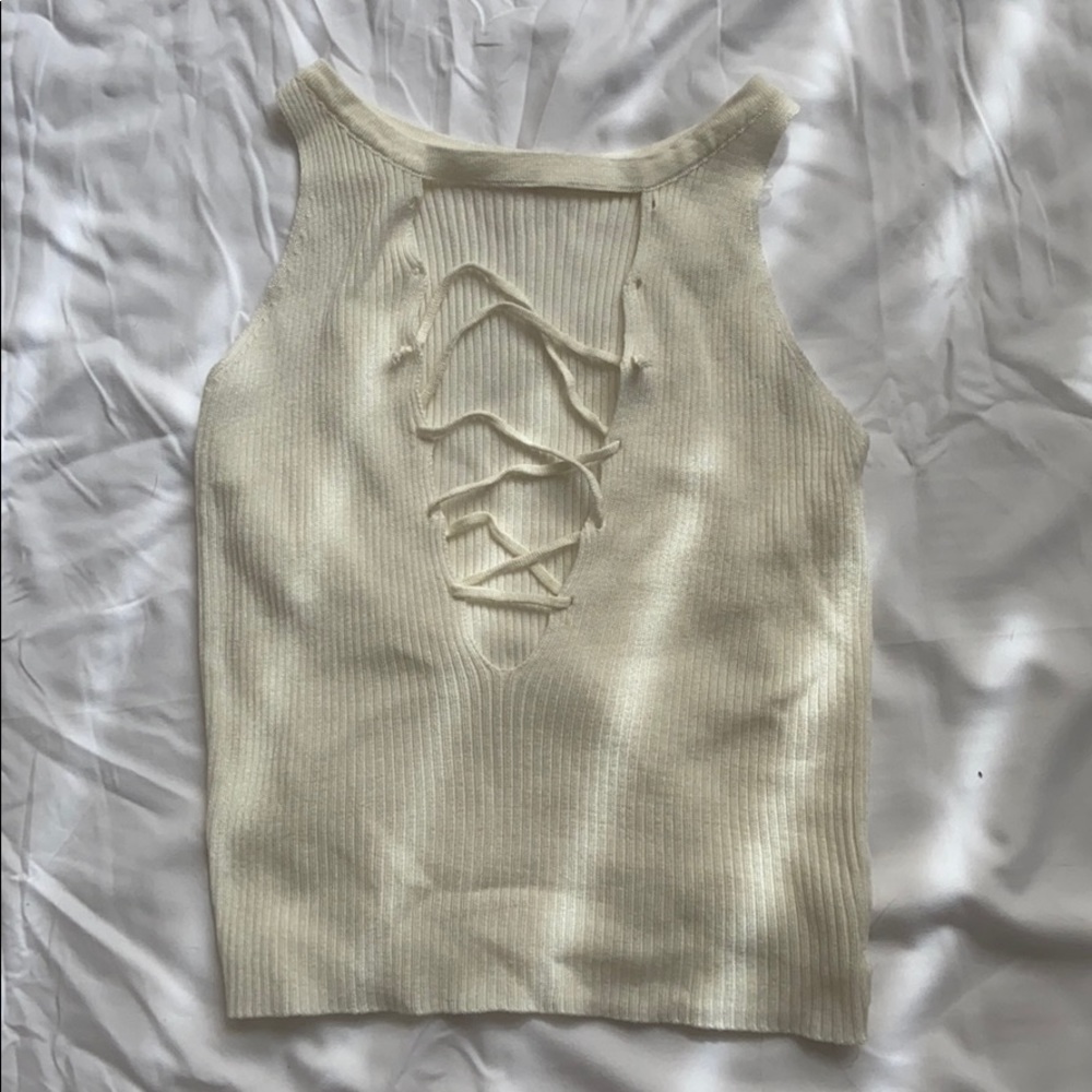 White lace up crop tank